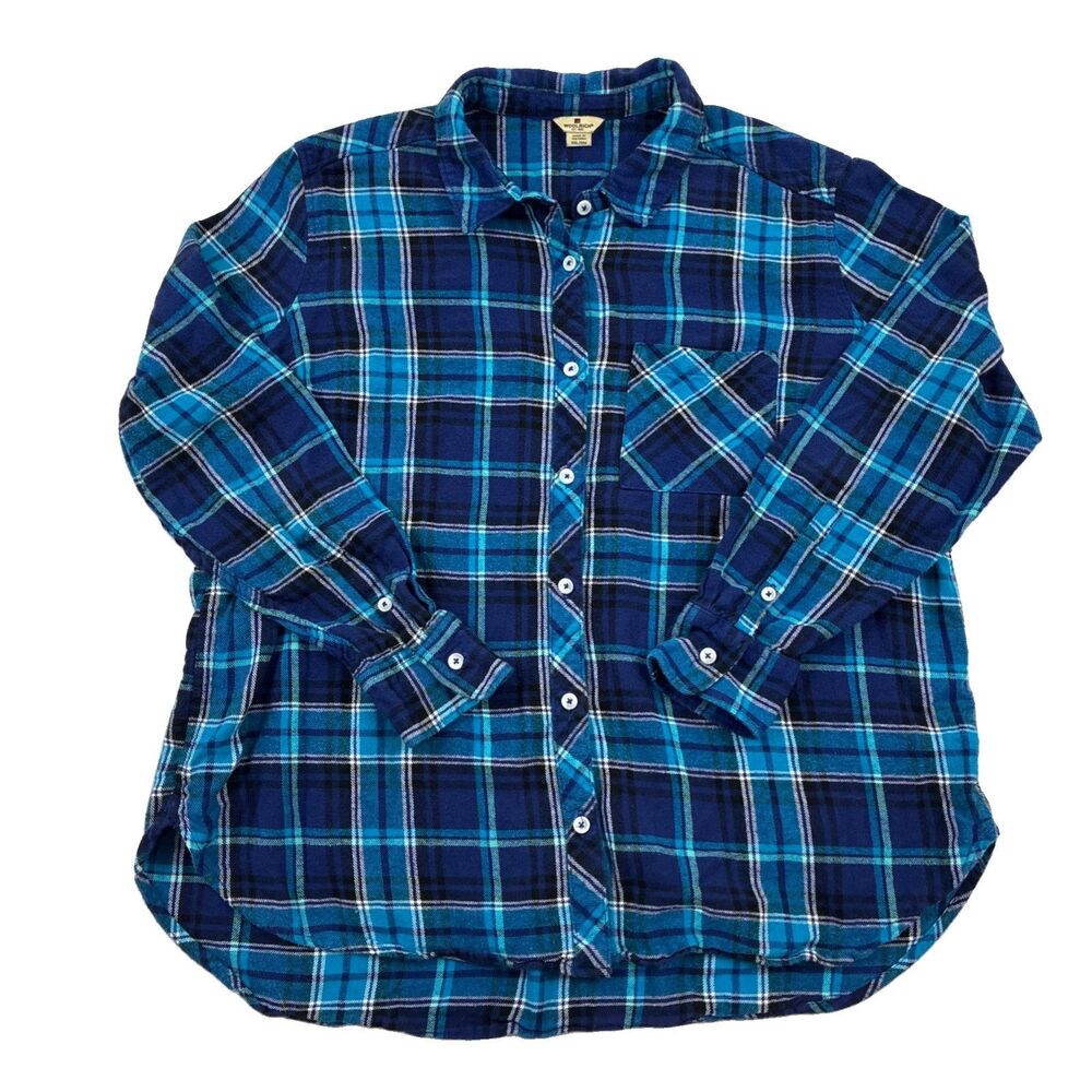 Woolrich Women's Blue Plaid Flannel Shirt Long Sleeve Button Up XXL Cotton